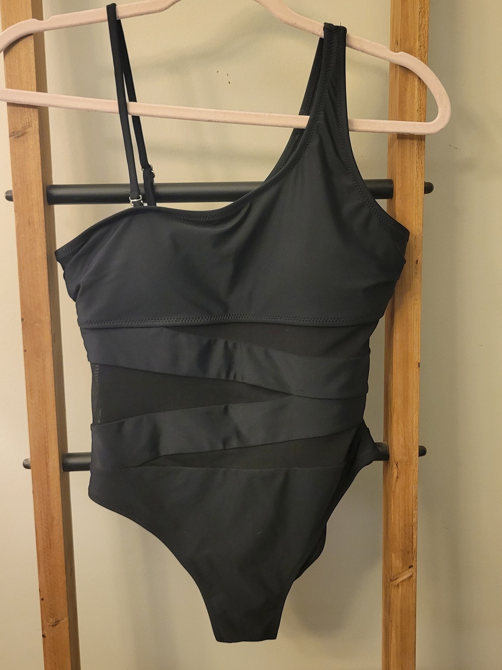 Pink Lily Beyond The Sea" Black One-Shoulder Swim Suit with Mesh Bands
